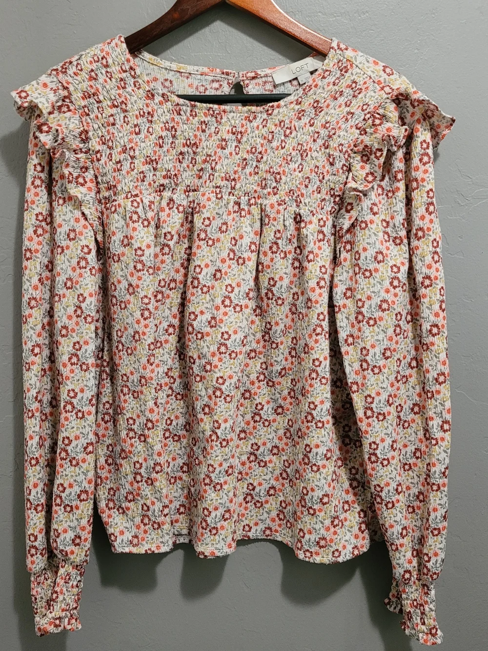 LOFT Cream Floral Smocked Ruffle Long-Sleeve Blouse - Picture 1 of 9